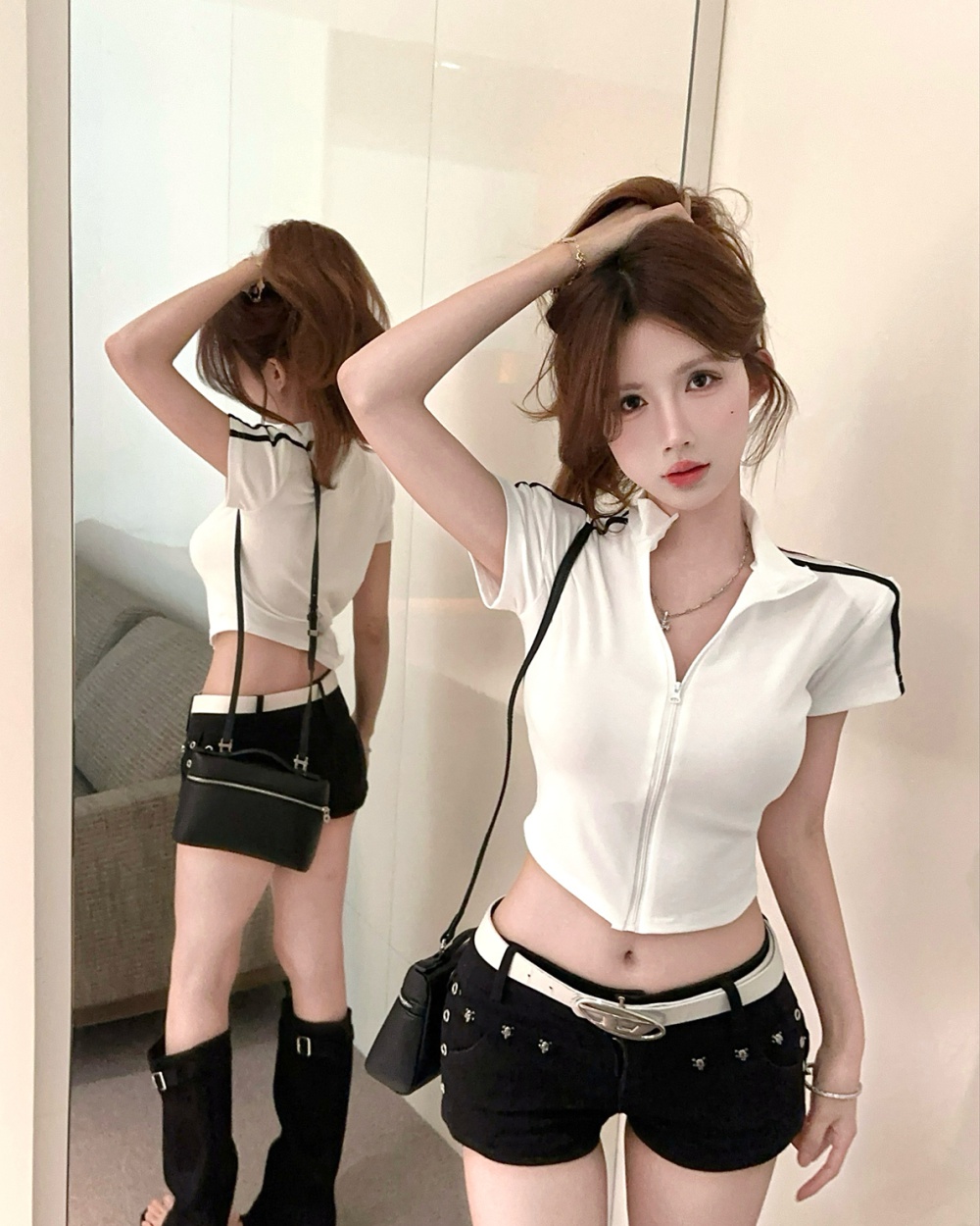 Summer slim short sleeve tops retro zip T-shirt for women