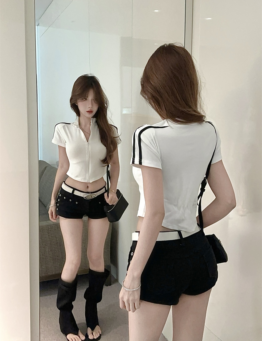 Summer slim short sleeve tops retro zip T-shirt for women