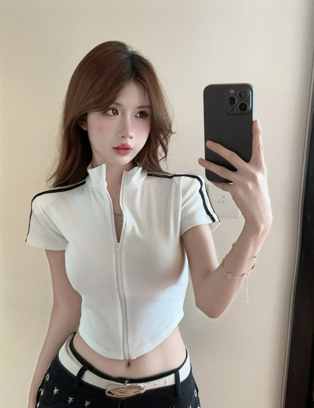 Summer slim short sleeve tops retro zip T-shirt for women