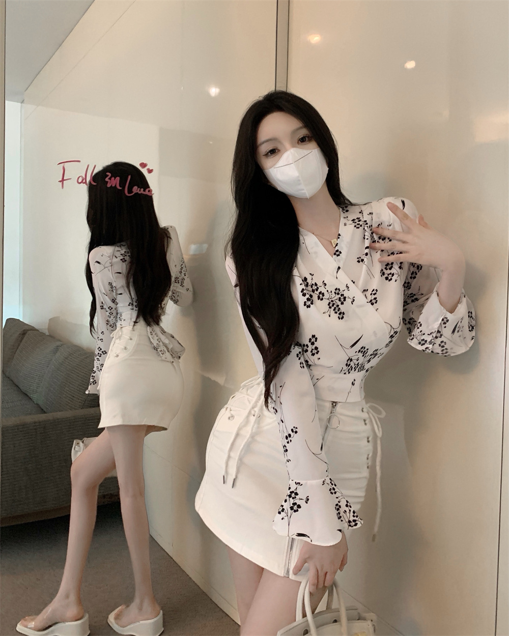 Printing V-neck shirt short dress a set for women