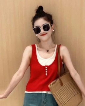 Niche red Pseudo-two vest ice silk thin T-shirt for women