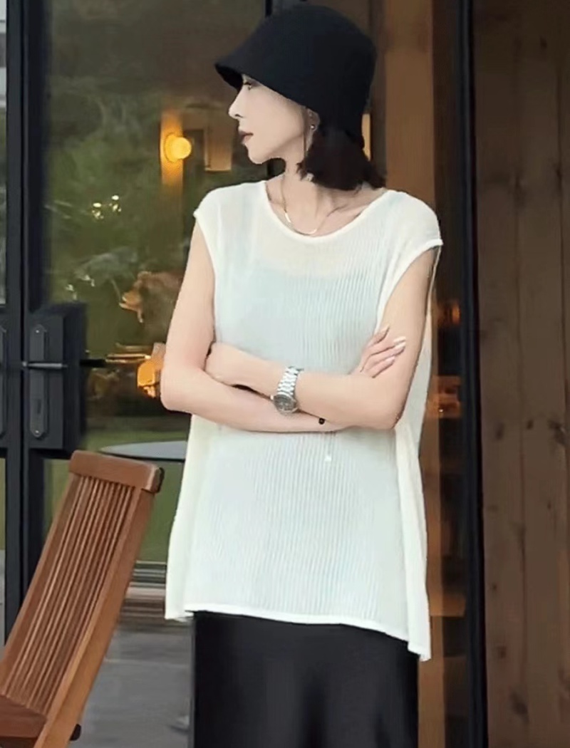 White slim ice silk tops long boats sleeve sweater for women