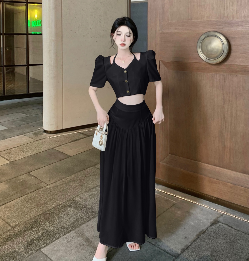 Summer high waist tops V-neck bandage long skirt a set