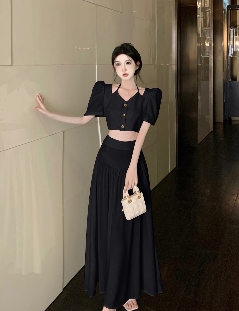 Summer high waist tops V-neck bandage long skirt a set