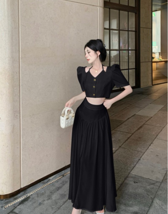 Summer high waist tops V-neck bandage long skirt a set