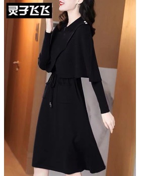 Black pinched waist shawl knitted dress 2pcs set