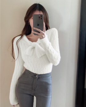 Horizontal collar long sleeve tops bow sweater