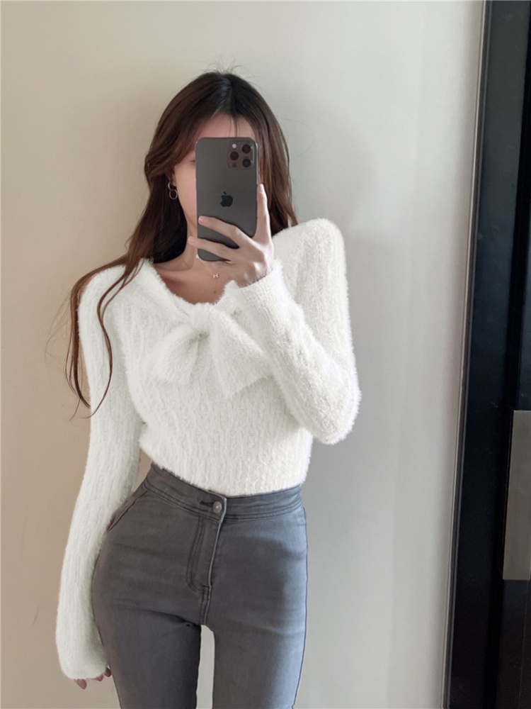 Horizontal collar long sleeve tops bow sweater