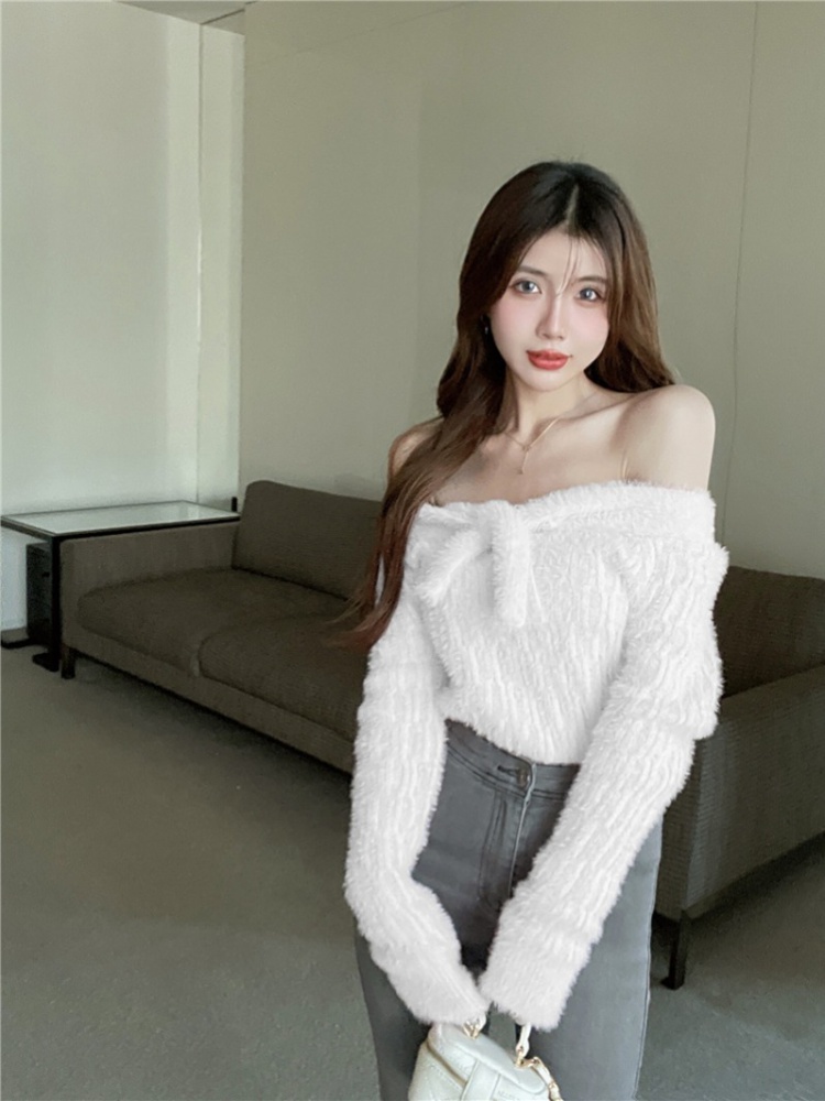 Horizontal collar long sleeve tops bow sweater