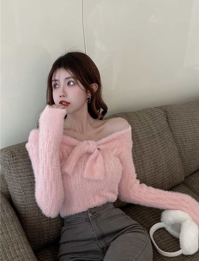 Horizontal collar long sleeve tops bow sweater