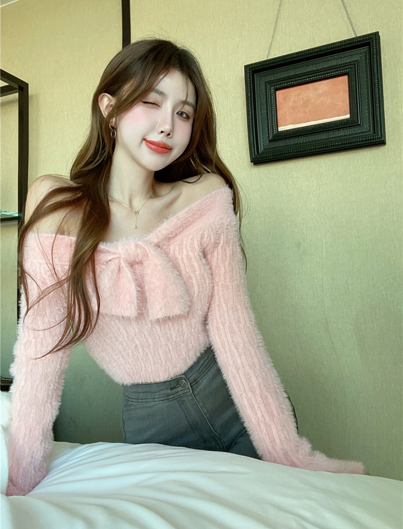 Horizontal collar long sleeve tops bow sweater