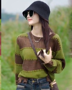 Stripe long sleeve hollow mixed colors Casual tops for women