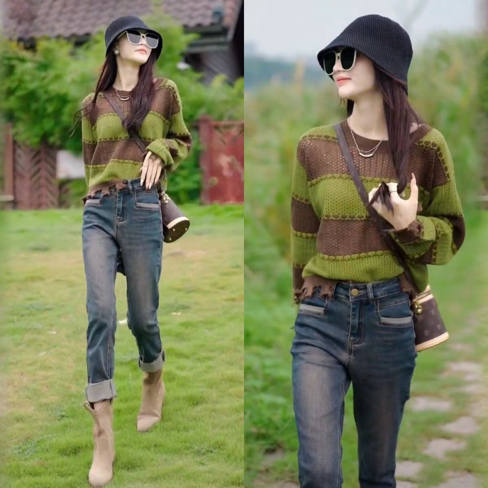 Stripe long sleeve hollow mixed colors Casual tops for women