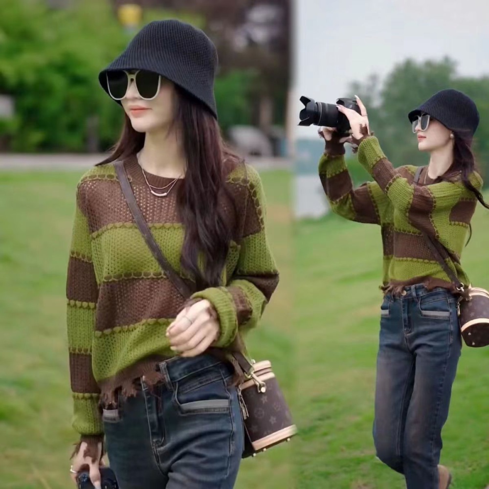 Stripe long sleeve hollow mixed colors Casual tops for women