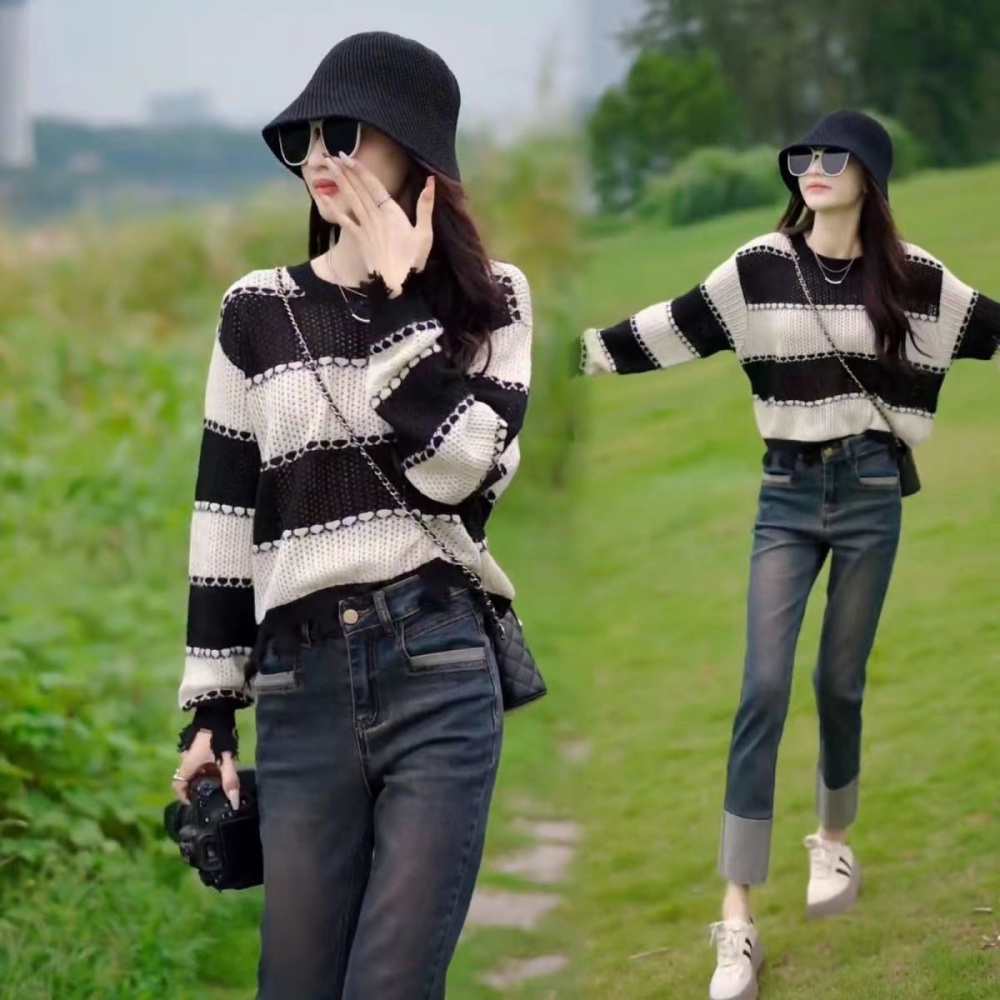 Stripe long sleeve hollow mixed colors Casual tops for women