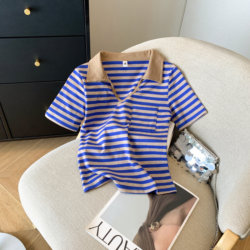 Show young Western style T-shirt stripe V-neck tops for women