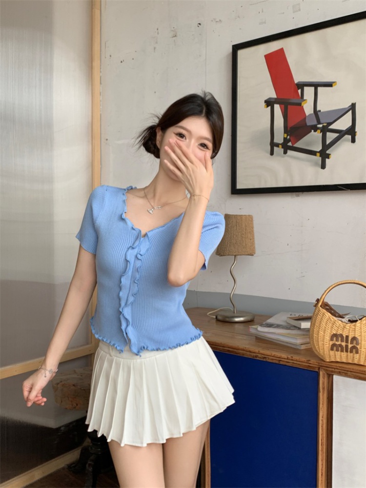 Short sleeve slim niche knitted wood ear split V-neck tops