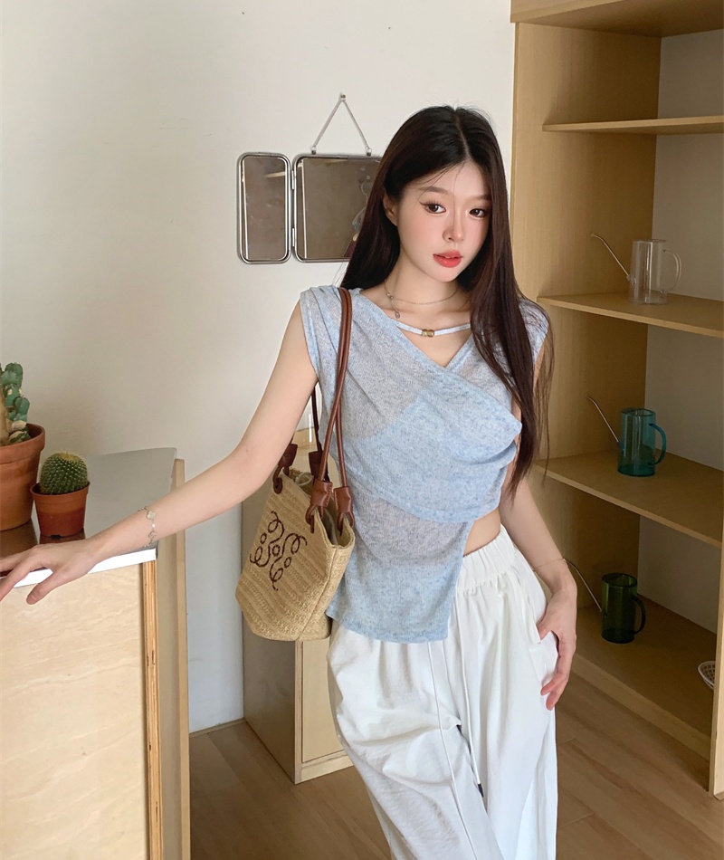 Cross irregular retro V-neck slim knitted sleeveless tops