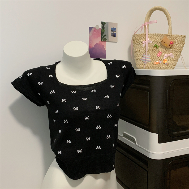 Short sleeve bow T-shirt printing France style tops