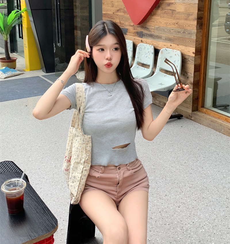 Hollow short sleeve holes T-shirt knitted Korean style summer tops