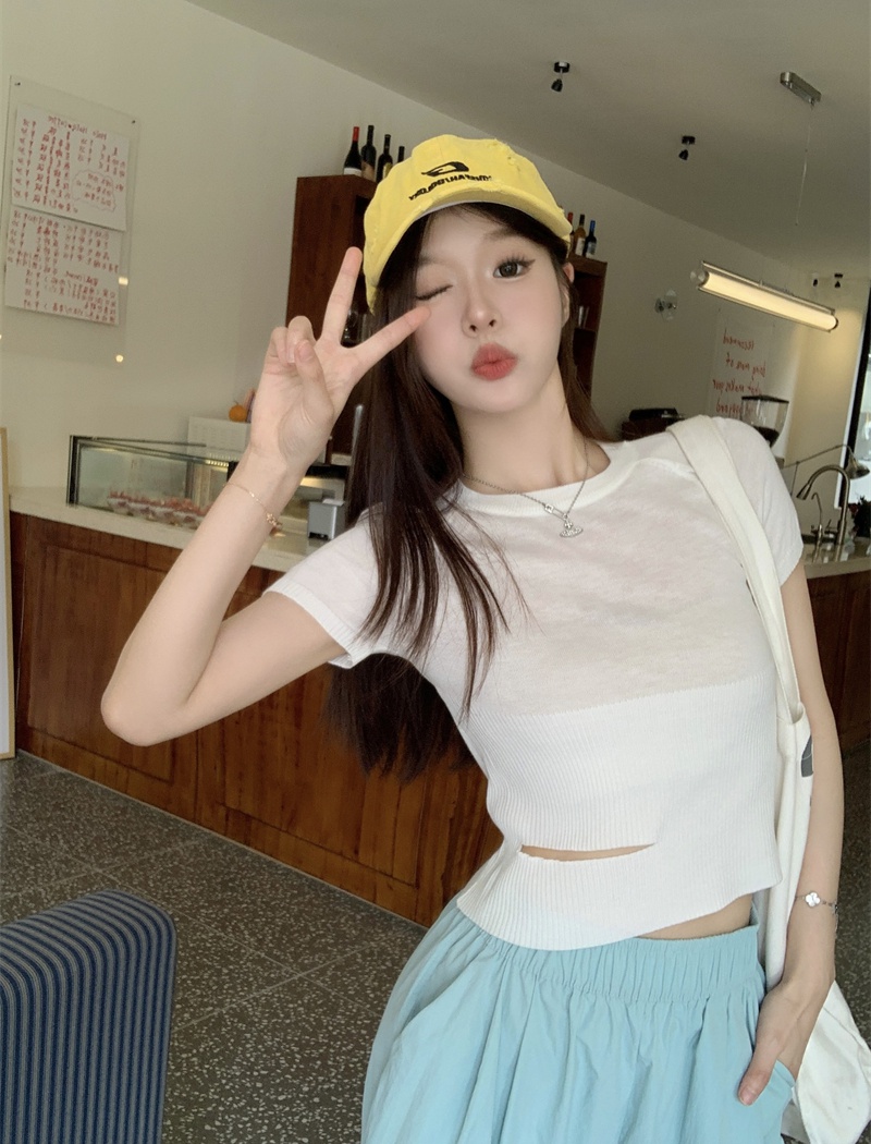 Hollow short sleeve holes T-shirt knitted Korean style summer tops