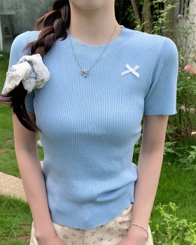 Unique knitted short sleeve tops slim bow T-shirt