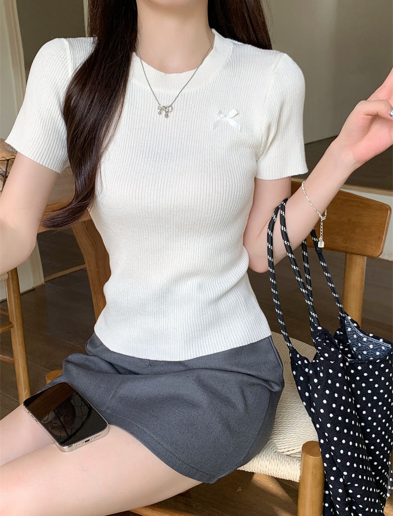 Unique knitted short sleeve tops slim bow T-shirt