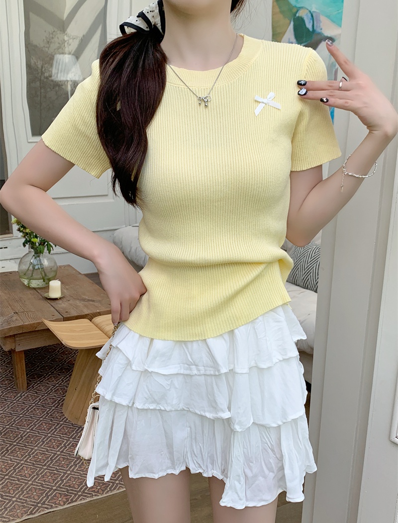 Unique knitted short sleeve tops slim bow T-shirt