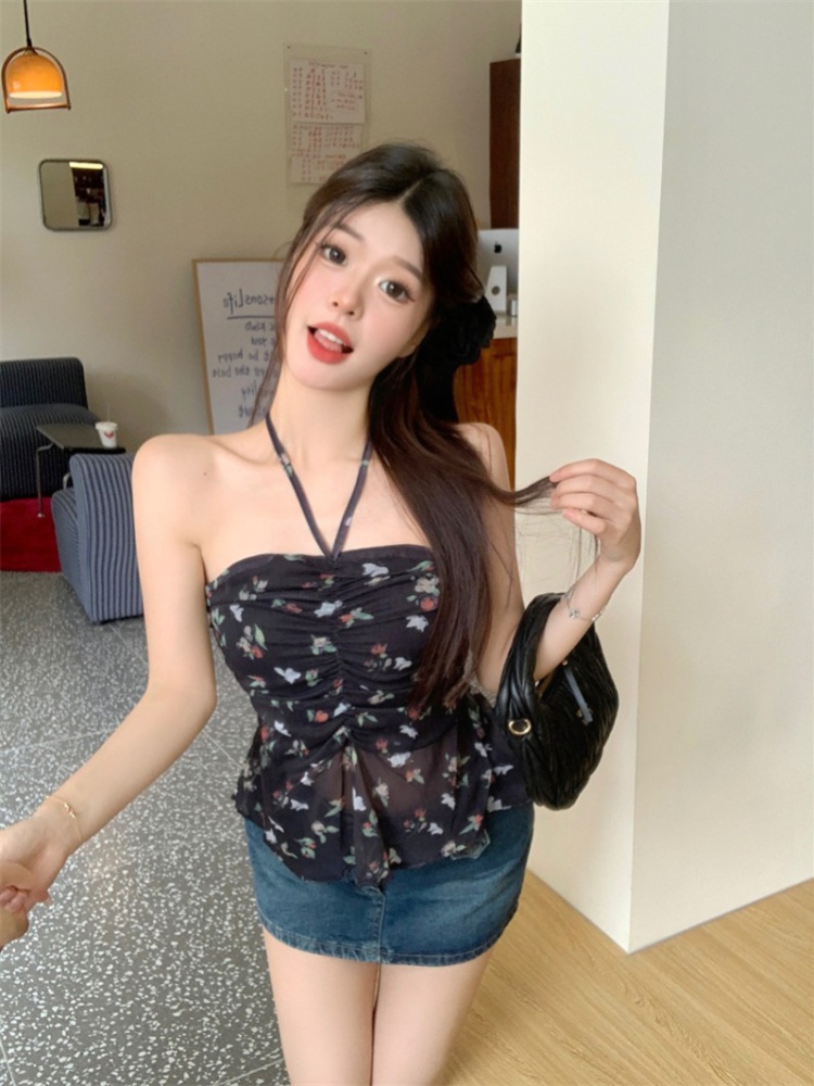 Niche floral sweet tops wrapped chest vacation bottoming vest