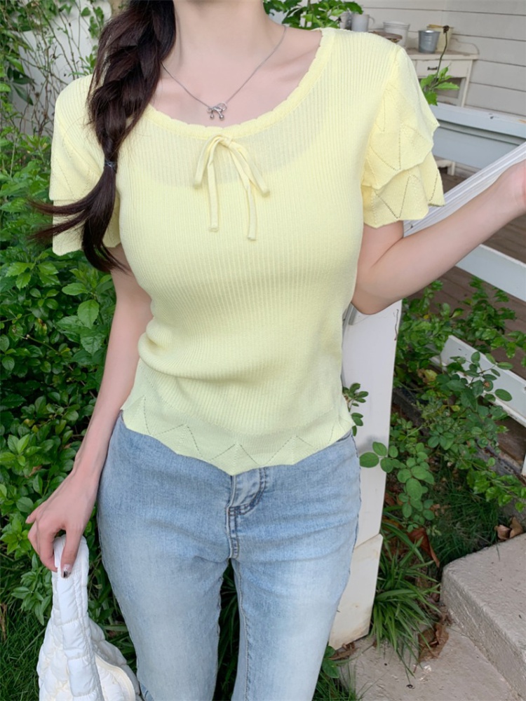 Ice silk knitted tops short sleeve temperament T-shirt