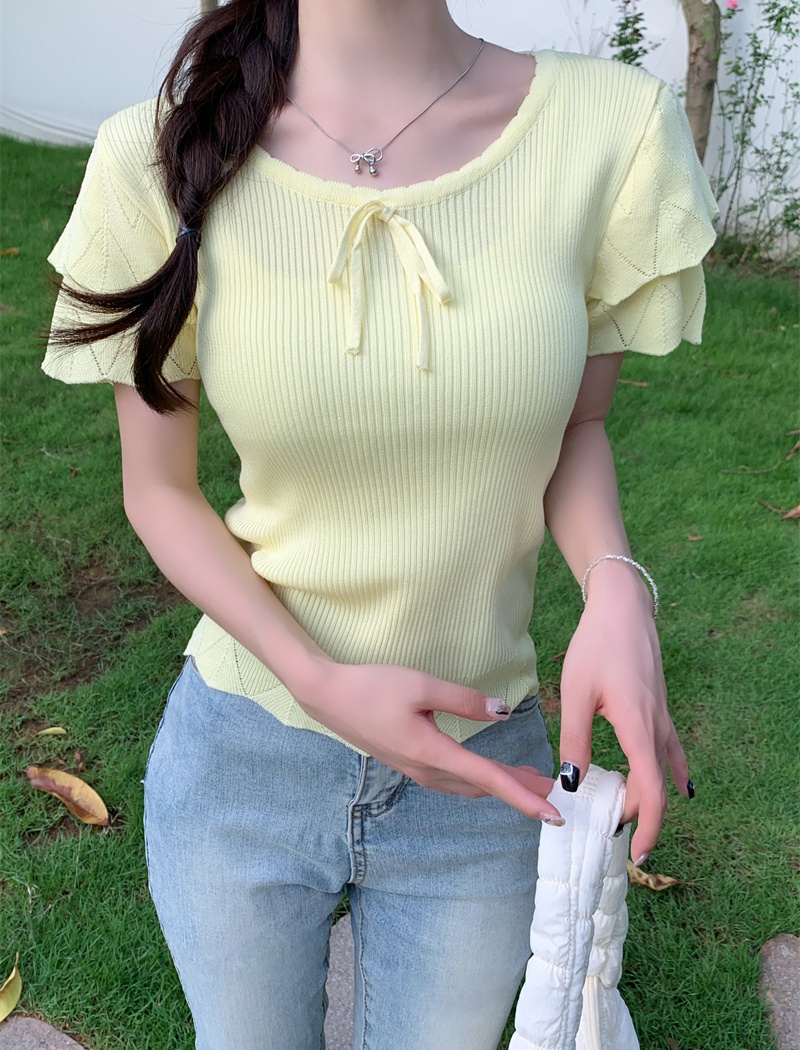 Ice silk knitted tops short sleeve temperament T-shirt