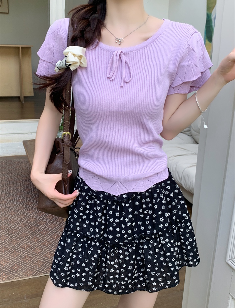 Ice silk knitted tops short sleeve temperament T-shirt