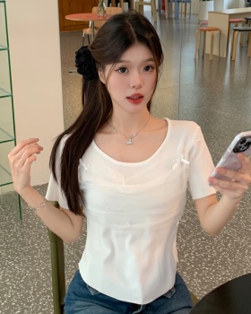 Short sleeve bow tops pullover round neck T-shirt
