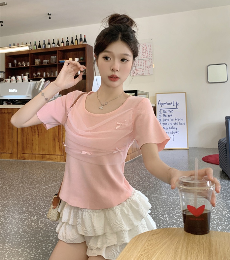 Short sleeve bow tops pullover round neck T-shirt