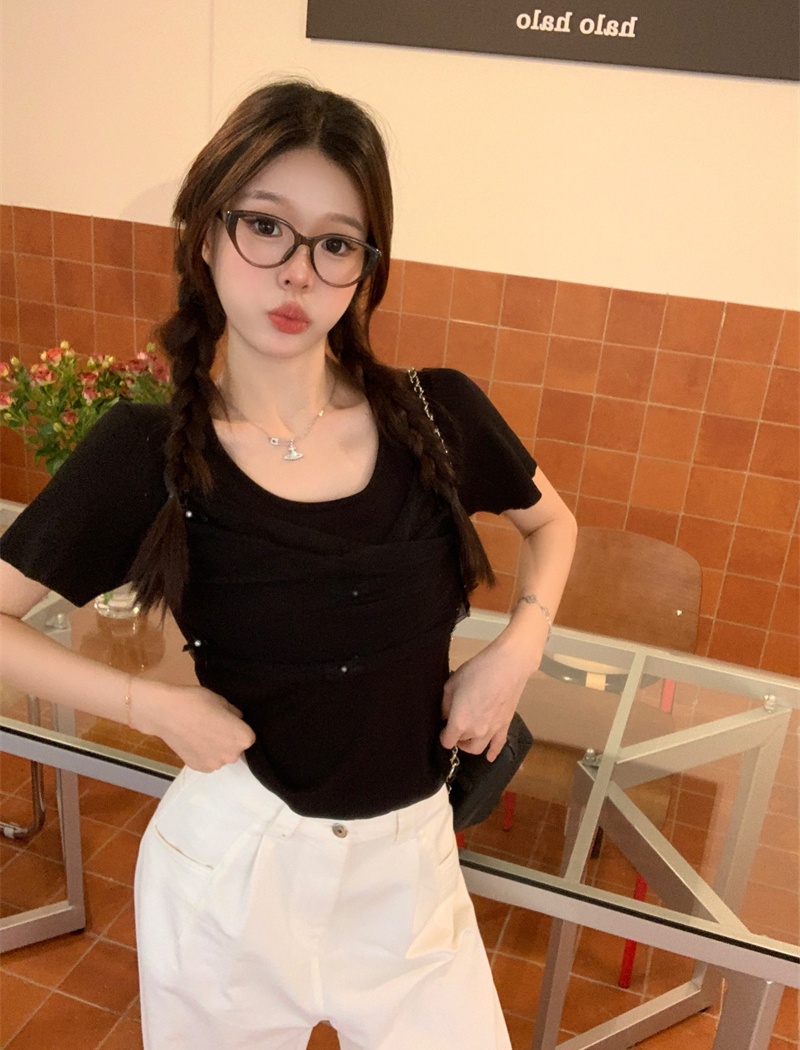 Short sleeve bow tops pullover round neck T-shirt