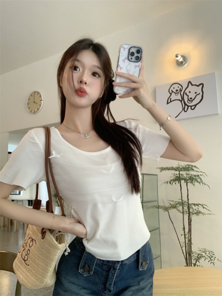 Short sleeve bow tops pullover round neck T-shirt