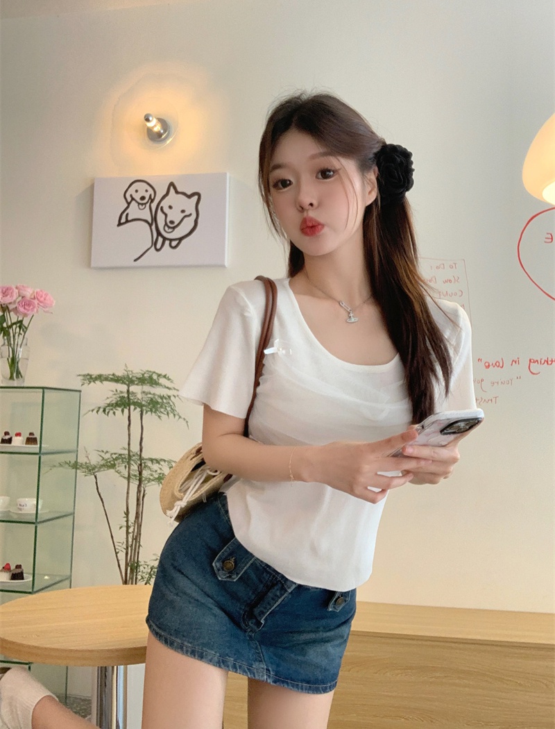 Short sleeve bow tops pullover round neck T-shirt