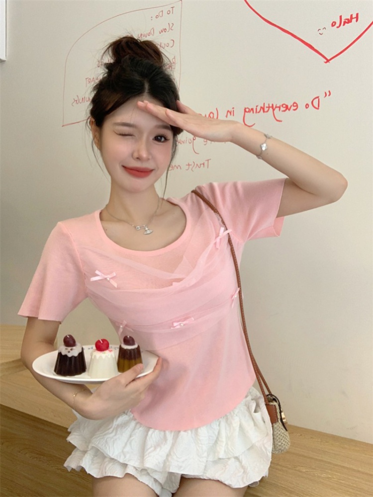 Short sleeve bow tops pullover round neck T-shirt