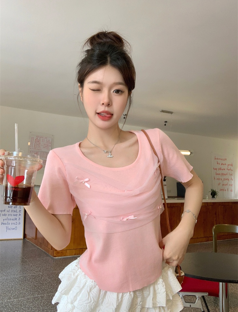 Short sleeve bow tops pullover round neck T-shirt