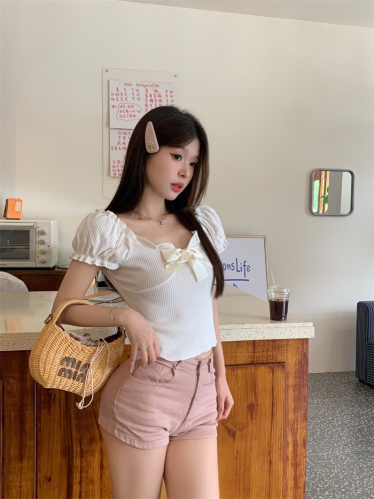 Puff sleeve short tops flat shoulder bow T-shirt