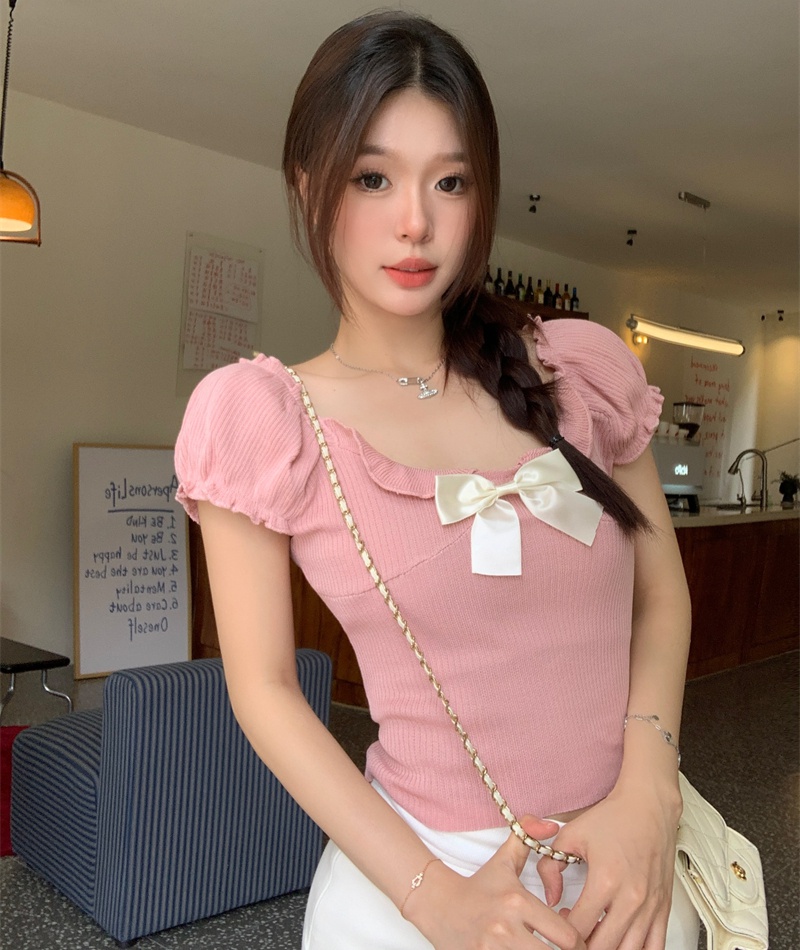 Puff sleeve short tops flat shoulder bow T-shirt