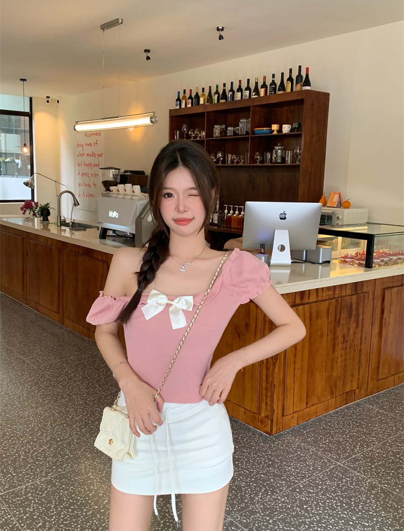 Puff sleeve short tops flat shoulder bow T-shirt