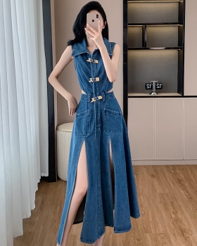 Denim split sleeveless dress Casual summer long dress