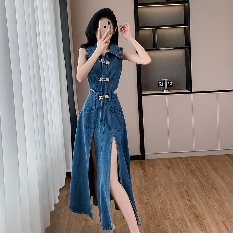 Denim split sleeveless dress Casual summer long dress