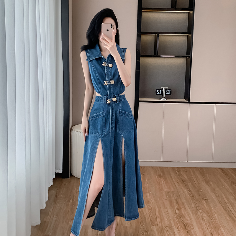 Denim split sleeveless dress Casual summer long dress