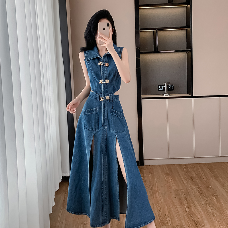 Denim split sleeveless dress Casual summer long dress