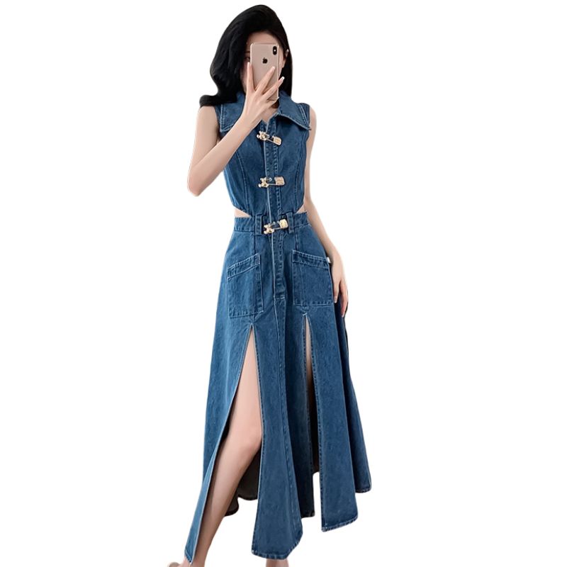 Denim split sleeveless dress Casual summer long dress