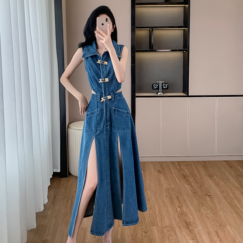 Denim split sleeveless dress Casual summer long dress