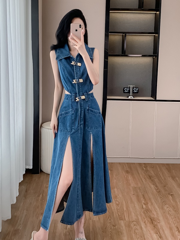 Denim split sleeveless dress Casual summer long dress