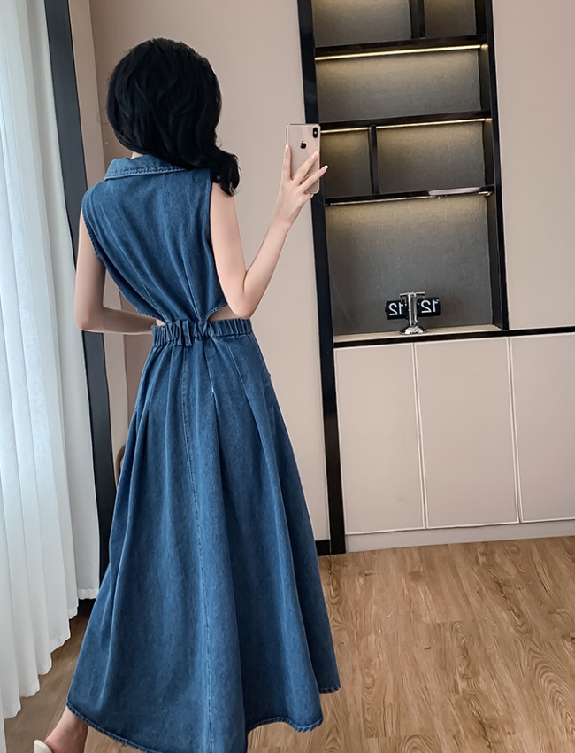 Denim split sleeveless dress Casual summer long dress